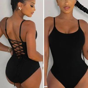 TA3 Lacey Black Shaping Slimming Strappy One Piece Swimsuit Size Medium Short